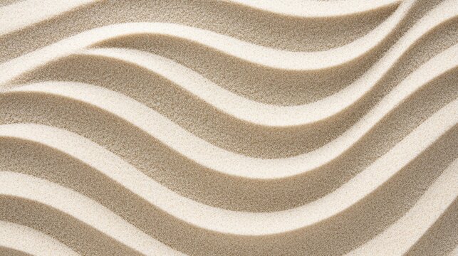 Top-down view of smooth sand with elegant raked lines forming concentric patterns, soft lighting and peaceful texture, inspired by zen meditation