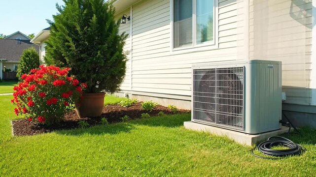 Residential air conditioning unit outside a house with a garden and lawn
