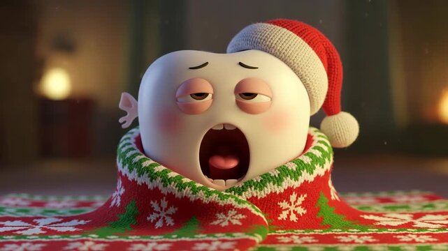 Sleepy cartoon tooth character wearing a red Santa hat and festive knitted blanket yawning in a warm holiday setting