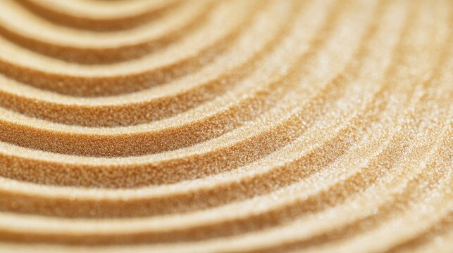 High-resolution image of raked sandy surface in abstract spiral and straight line formations, soft focus and calming tonal balance