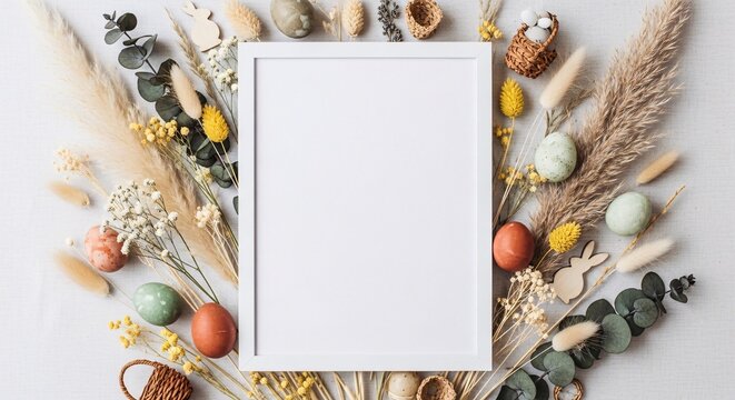 Rustic composition of dried plants and Easter eggs forming a natural frame with blank space for text.