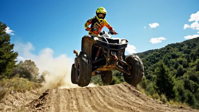 Extreme ATV Quad Bike Jumping High In The Blue Sky