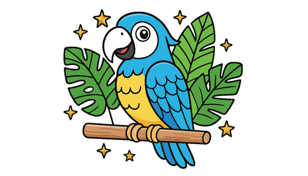 A colorful parrot illustration sitting on a branch with tropical leaves