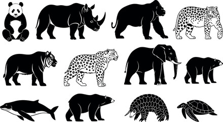 Silhouette illustrations of various endangered species in black and white © MOKTAR
