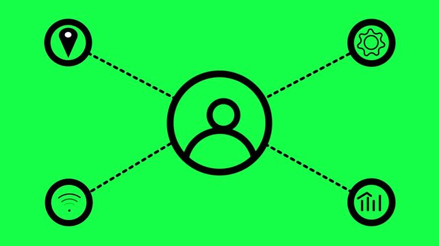 Animated simple network diagram with 5 user icons connected by lines representing social media or organizational structure on a rad background.