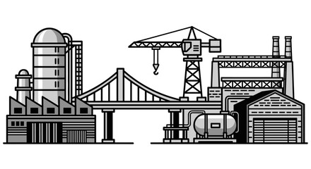 Fototapeta premium Industrial landscape with factories, bridge, and construction crane in a minimalist style
