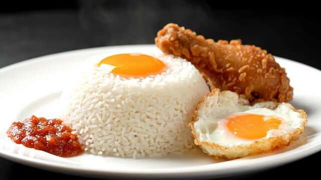 Steaming Hot White Rice Served with Fried Chicken Egg and Sambal