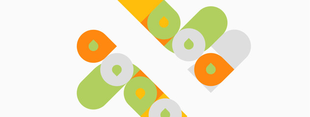 Fototapeta premium Abstract graphic design featuring colorful capsule shapes. Orange, green, gray elements create playful pattern. Minimalist aesthetic.