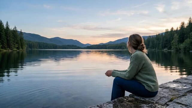 Young woman in a green sweater sitting on a stone wall by a calm lake at sunset with mountains in the background