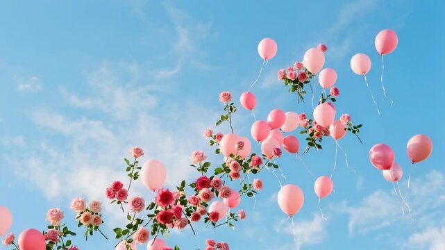 Many pink balloons and blooming pink roses floating gracefully against a bright blue sky with wispy white clouds on a sunny day