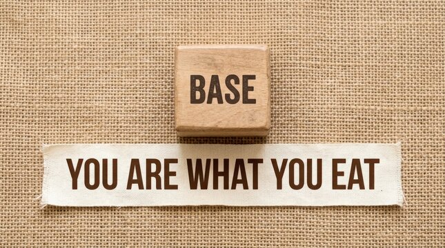 Wooden Block with 'Base' Text on Burlap Background Next to 'You Are What You E' Phrase