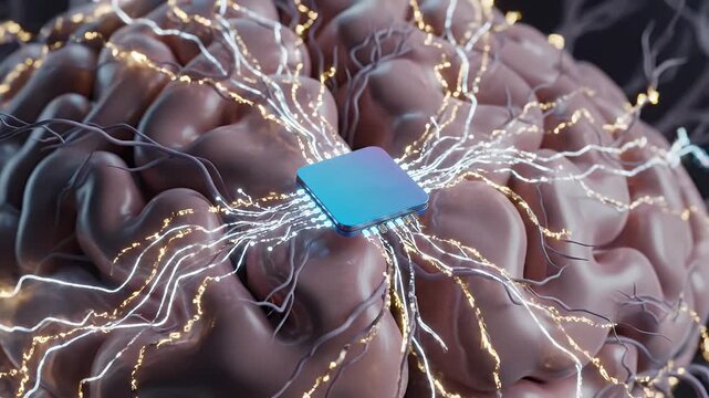 Brain with futuristic computer chip implant neural network interface concept render
