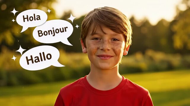 Young boy greeting in park.