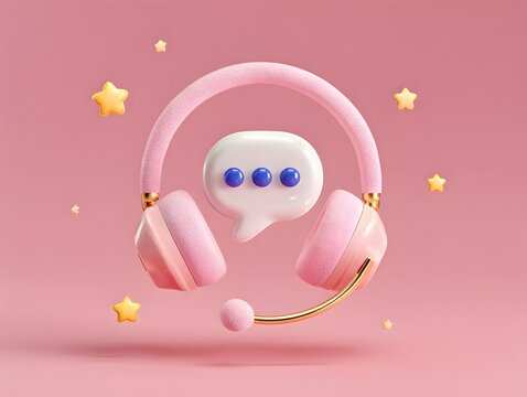 Soft pink wireless headphones with a mic and a white speech bubble with blue dots float among golden stars on a bright monochromatic pink background creating a cheerful and modern online com