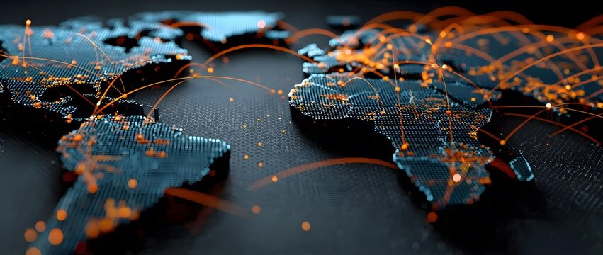 Global network connections on a digital world map showing data flow across continents with illuminated orange lines and bright blue points representing modern technology and worldwide commun