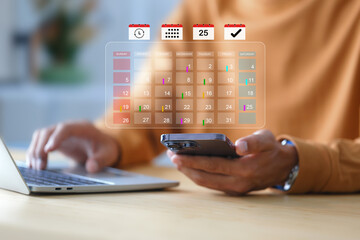 Businessman Planning and Scheduling Events on Virtual Digital Calendar Interface.