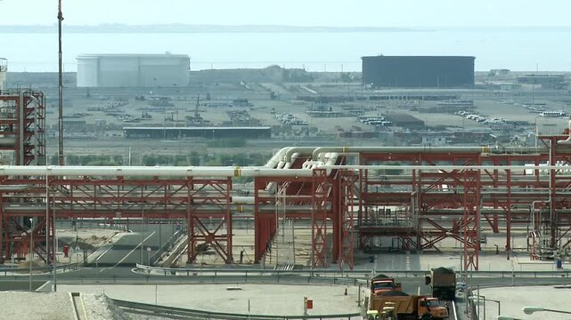Gas and petrochemical facilities near the shore at Asalouyeh, Iran. Asalouyeh is the onshore location for the phased development of Pars gas field, the largest gas field in the world