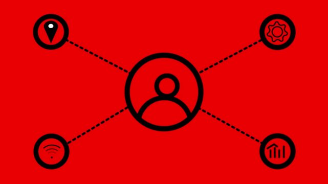 Animated simple network diagram with 5 user icons connected by lines representing social media or organizational structure on a rad background.