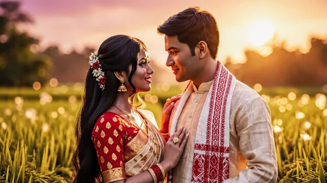 Joyful indian couple celebrates rongali bihu (bohag bihu) in traditional attire, bathed in golden light outdoors.