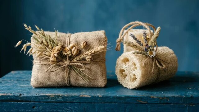 Eco friendly bath products with burlap wrapped soap and natural loofah sponges on a rustic blue wooden background