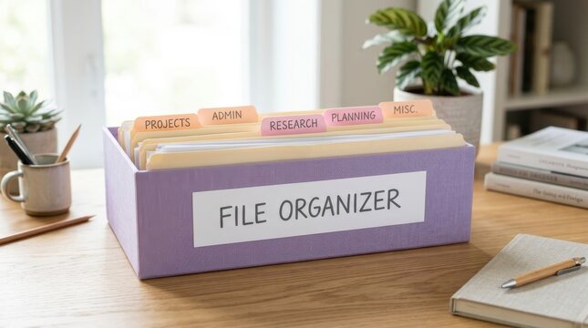 File organizer box with labeled tabs for projects, admin, research, planning, and misc., on a desk with a plant