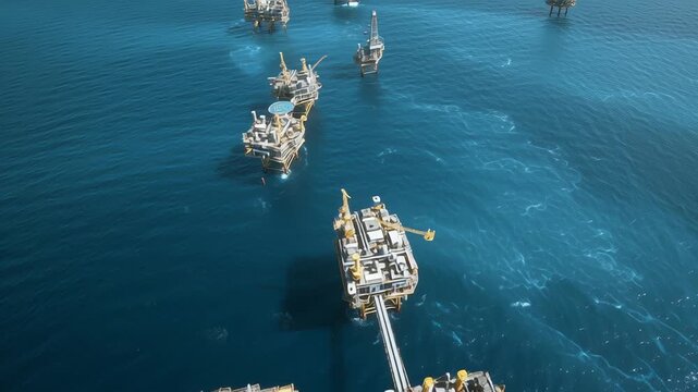 Aerial drone view of South Pars gas field offshore platforms surrounded by deep blue ocean, complex industrial infrastructure and marine energy installations, photorealistic energy sector 