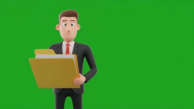 3D cartoon businessman presenting folder on green screen.