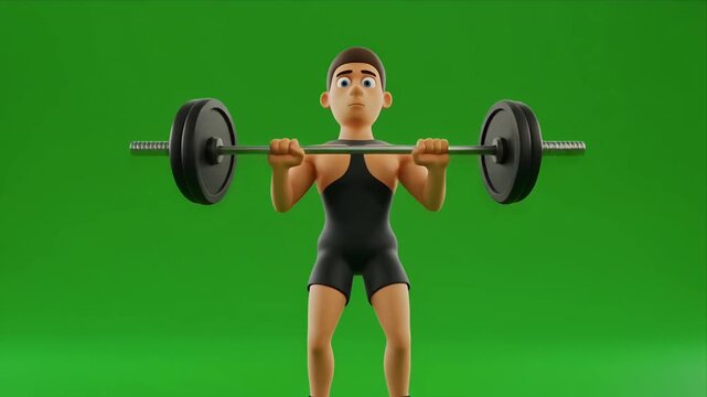 3D cartoon weightlifter performing barbell press on green screen.