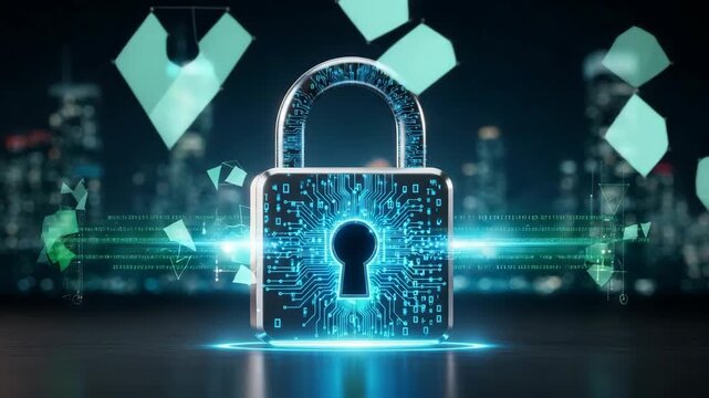 Glowing digital padlock with circuit board patterns against a blurred futuristic cityscape representing network security