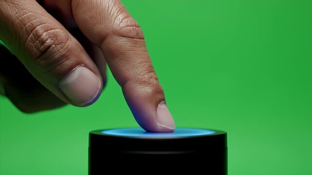 Human Finger Presses Illuminated Blue Button on Black Device Over Vibrant Green Screen Background Close Up Macro Shot
