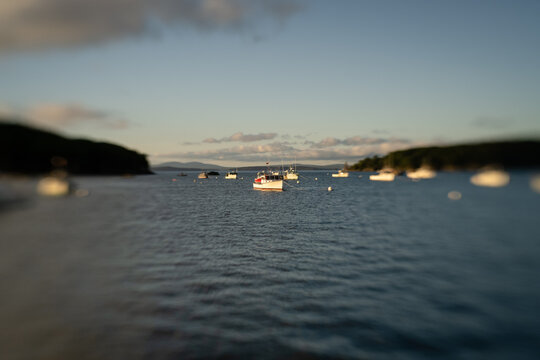 Lobster fishing boats anchored in the Atlantic Ocean, coast of Maine