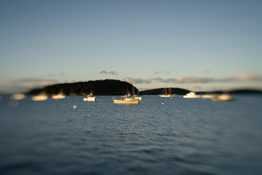 Coastal northeast fishing harbor and boats with selective focus