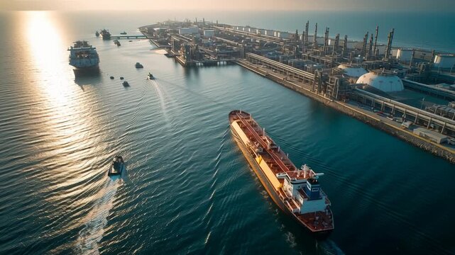 Aerial drone view of South Pars gas LNG export infrastructure with a tanker ship departing, ultra realistic port and ocean scene, high detail industrial energy photography, Golden light bathes 
