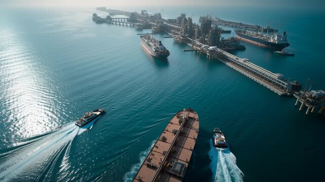 Aerial drone view of South Pars gas LNG export infrastructure with a tanker ship departing, ultra realistic port and ocean scene, high detail industrial energy photography, Large cargo ship moves 