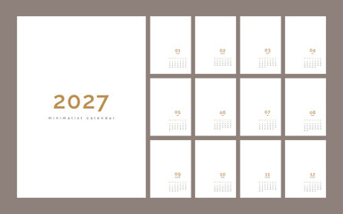 Minimalist Calendar template for 2027 year. Week starts on Monday. Wall monthly planner in English language, big copy space. Calender in minimal elegant style. Vector illustration, white gold design. © Zhi_zhi_art