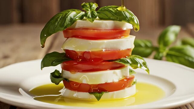 Caprese salad stack with fresh basil and olive oil drizzle on white plate closeup