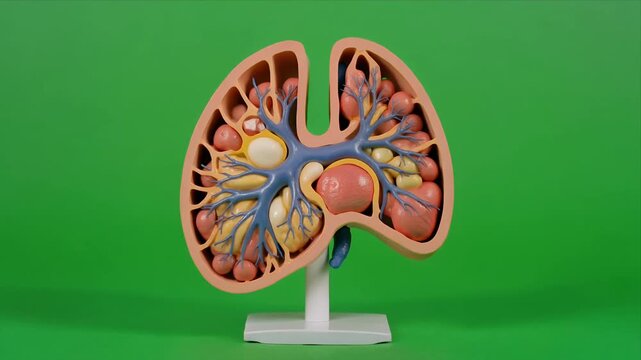 Anatomical lung model with bronchi on green background closeup.