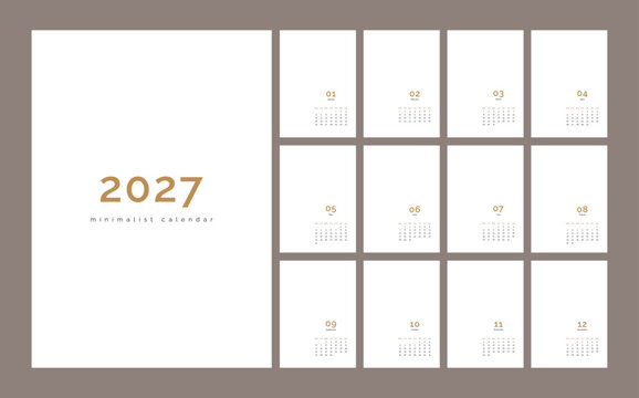 Minimalist Calendar template for 2027 year. Week starts on Monday. Wall monthly planner in English language, big copy space. Calender in minimal elegant style. Vector illustration, white gold design.