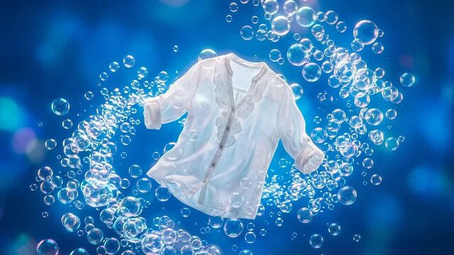 White ruffled blouse floating in deep blue water with glowing soap bubbles for laundry detergent commercial concept