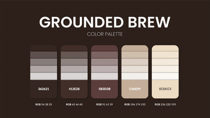 Grounded brew earth tone brown coffee color palette guide. Warm natural colour palettes with hex and rgb codes. Professional design branding swatch template for corporate and creative projects.