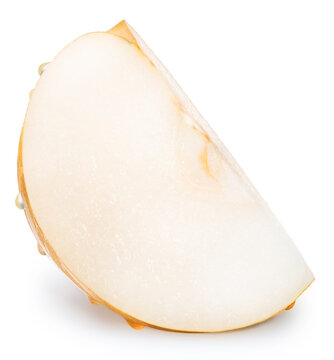 Sliced Fresh Snow pear or Nashi pears water droplets on white background, Korea pear fresh fruit with slices isolated on white background.