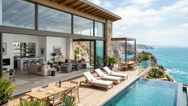 Modern luxury seaside mansion with infinity pool and spacious open concept living area overlooking dramatic coastal cliffs