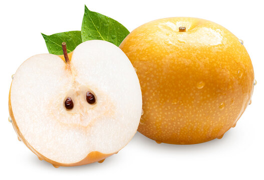 Fresh Snow pear or Nashi pears water droplets with leaf  on white background, Korea pear fresh fruit with slices isolated on white background, With clipping path.