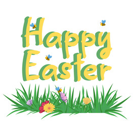 Obraz premium Cheerful “Happy Easter” text in bold yellow letters with green outline. Playful bees flying around the letters and colorful spring flowers with green grass at the bottom. Bright, fun Easter greeting