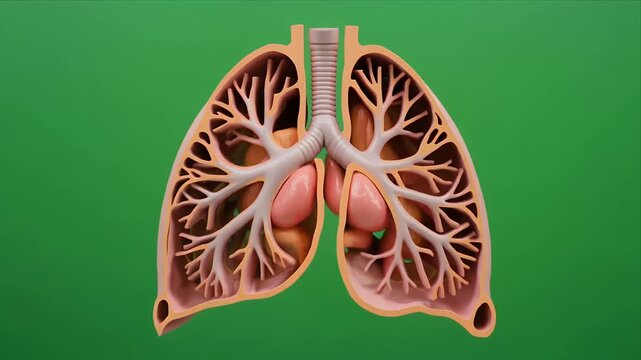 Animated anatomical lungs and heart cross section on green background.