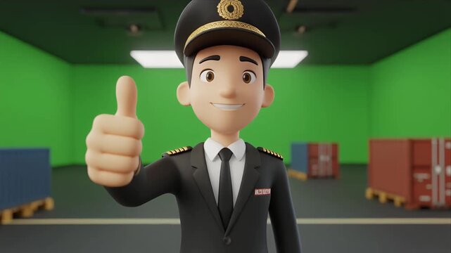 Animated airline pilot gives thumbs up in cargo warehouse.