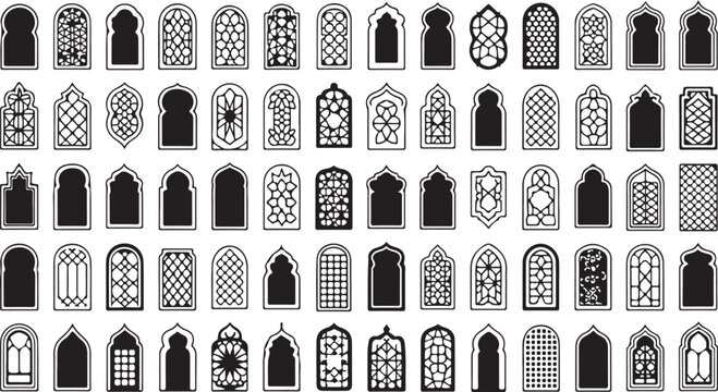 Collection of various ornate window designs and shapes in black on white background