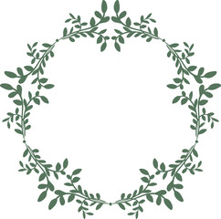 Fototapeta premium Minimalist round botanical wreath made of green leaves and branches. Hand drawn style vector illustration isolated on transparent background. Perfect for invitations, logos, wedding design