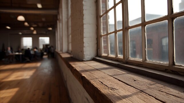 Sunlight streams through an industrial loft s large  highlighting a rustic wooden ill with people blurred in the background
