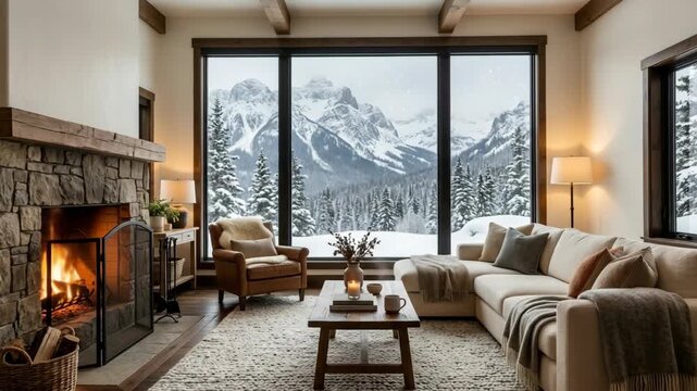 Warm rustic cabin interior featuring a burning fireplace and a panoramic view of winter mountains